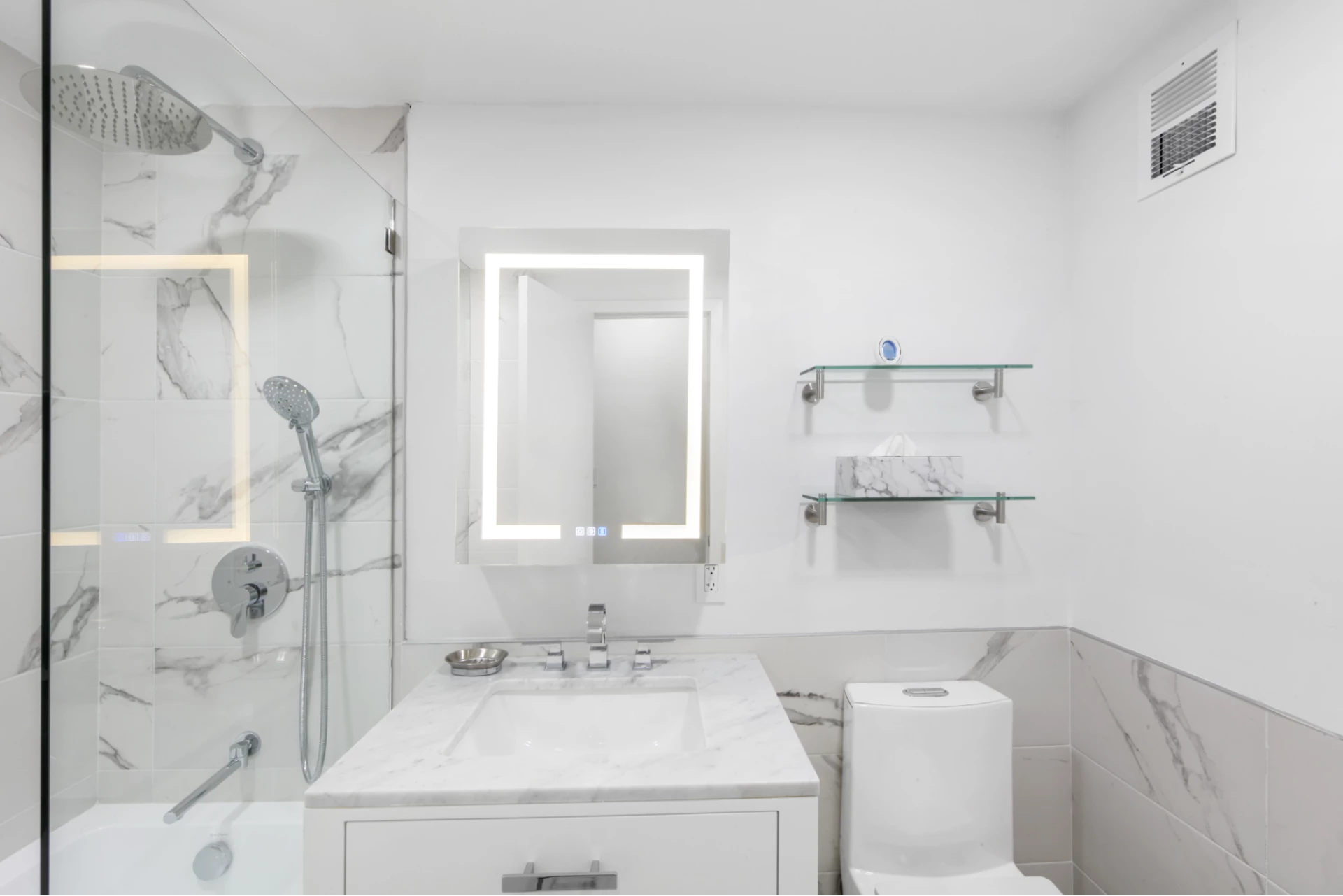 LED medicine cabinet, floating wall shelves, frameless shower door